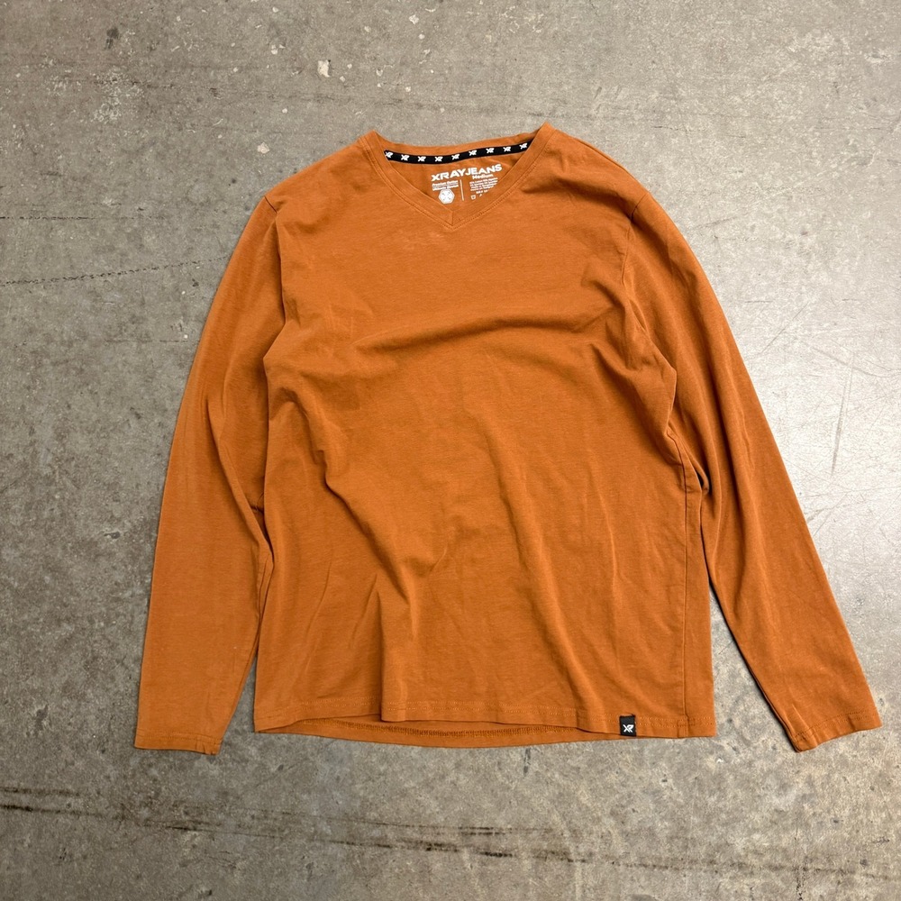 XRAY Jeans Mens Premium Cotton Stretch V-Neck Long Sleeve Shirt Orange M